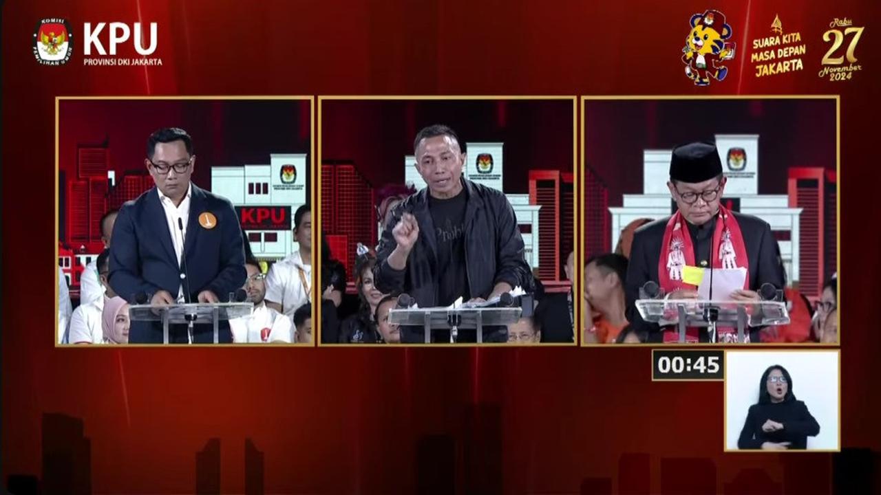 Calon gubernur (Cagub) nomor urut 1 Ridwan Kamil, Cagub nomor urut 2 Dharma Pongrekun, dan Cagub nomor urut 3 Pramono Anung saat debat terakhir atau debat ketiga Pilkada Jakarta 2024.