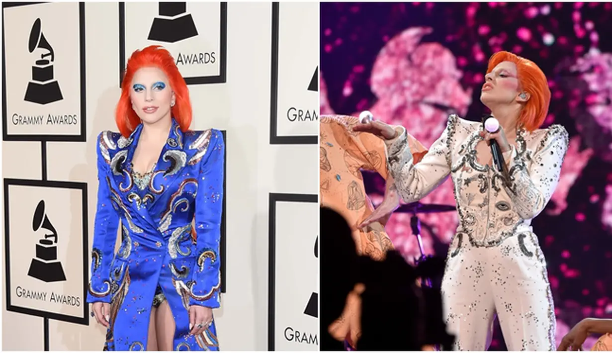 Di ajang Grammy Awards 2016, Lady Gaga memberikan tribut untuk musisi David Bowie yang meninggal pada Januari lalu. Totalitas Lady Gaga terlihat dari fashion yang ia tampilkan, benar-benar terinspirasi dari David Bowie. (AFP/Bintang.com)