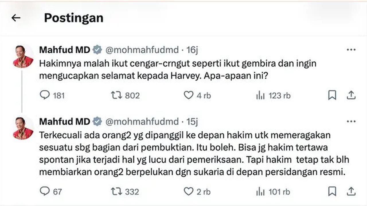 Mahfud MD Kritik Hakim Senyum Saat Harvey Moeis Peluk Sandra Dewi: Malah Ikut Cengar-cengir...