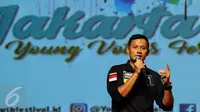 Cagub DKI Jakarta, Agus Harimurti Yudhoyono (AHY) menyampaikan pandangan pada Young Voters Festival di TIM, Jakarta, Selasa (31/1). Jelang pelaksanaan Pilkada, KPUD DKI Jakarta menyelenggarakan Young Voters Festival. (Liputan6.com/Helmi Fithriansyah)