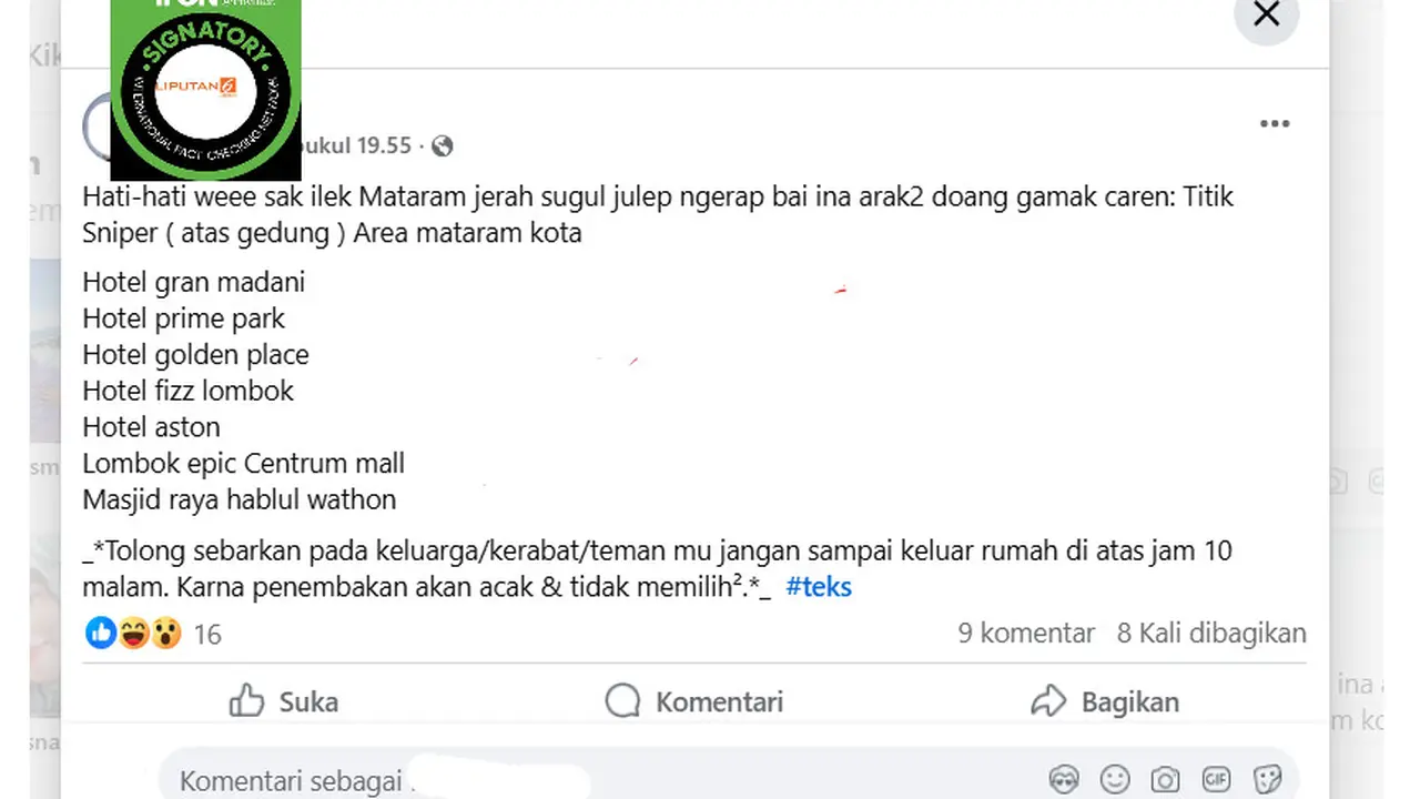 Tangkapan layar klaim sniper ditempatkan di atas gedung di Mataram dengan target tembakan acak