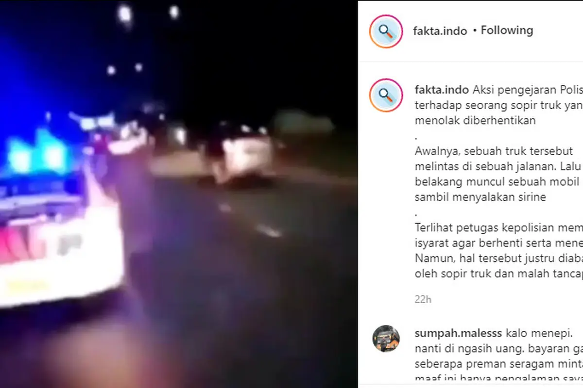 terlihat sebuah mobil polisi mendahuli sebuah truk dan memberikan isyarat kepada sopir untuk menepi dan menghentikan kendaraannya.