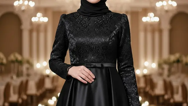 Gamis Brokat Hitam Kombinasi Satin