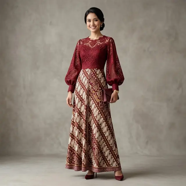 Model Long Dress Brokat Kombinasi Batik Modern