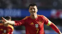 Selebrasi striker Timnas Spanyol, Alvaro Morata setelah mencetak gol pertama timnya ke gawang Timnas Kroasia pada laga Grup B Euro 2024 di Olympiastadion, Berlin, Jeman, Sabtu (15/6/2024). (AP Photo/Sunday Alamba)