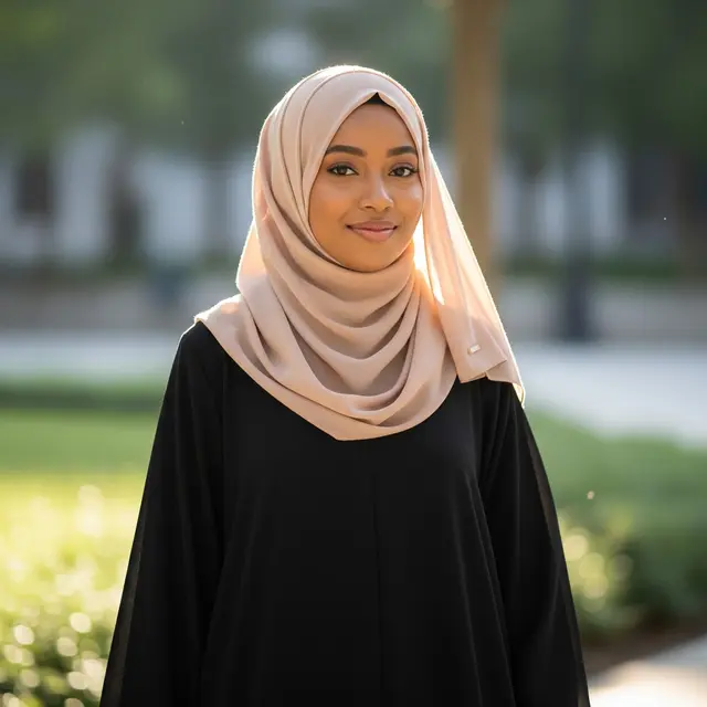 Gamis Hitam dan Hijab Nude untuk Wajah Sawo Matang