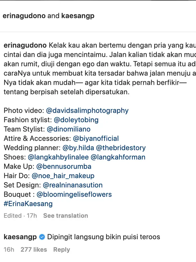 Unggahan Erina Gudono. (Foto: Dok. Instagram @erinagudono)