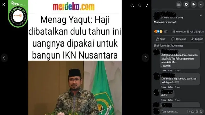 Gambar Tangkapan Layar Kabar Palsu Menag Yaqut Batalkan Haji dan Dananya Dipakai untuk Bangun IKN (sumber: Facebook).