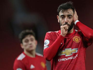Bruno Fernandes menjadi bagian penting Manchester United saat ini. Didatangkan dengan harga 67,6 juta pound pada Januari 2020, ia mampu mendongkrak performa Setan Merah secara signifikan. Fernandes tercatat tampil sebanyak 106 kali dengan mencetak 47 gol dan 34 assist. (AFP/Nick Potts)