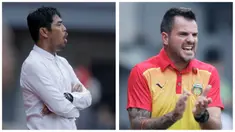 Berikut ragam ekspresi pelatih Bhayangkara FC, Simon McMenemy dan Pelatih Semen Padang, Nil Maizar, saat memberikan arahan kepada anak asuhnya. (Bola.com/M Iqbal Ichsan)