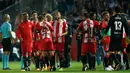 Pemain Girona melakukan selebrasi usai pertandingan melawan Real Madrid dalam pertandingan La Liga di stadion Montilivi di Girona, Spanyol (29/10). (AP Photo/Manu Fernandez)