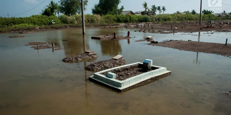 Banjir Rob Landa Kawasan Pemakaman di Muara Gembong