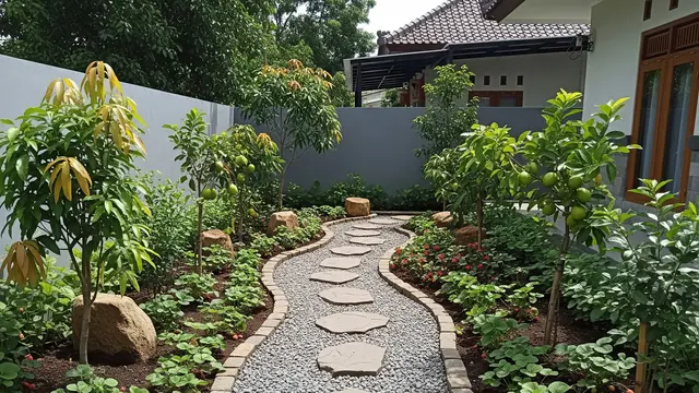 Kebun Buah Mini dengan Jalur Batu atau Paving