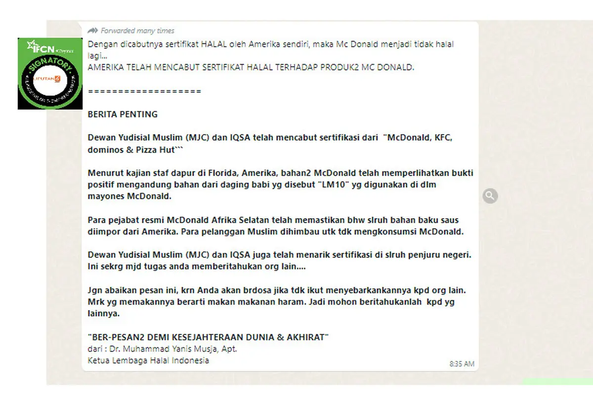 Tangkapan layar klaim MJC cabut sertifikasi halal McDonald’s di seluruh penjuru negeri
