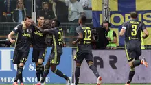 Para pemain Juventus merayakan gol yang dicetak ke gawang Parma dalam laga lanjutan Serie A 2018-2019, di Stadion Ennio Tardini, Minggu (2/9/2018). (Elisabetta Baracchi/ANSA via AP)