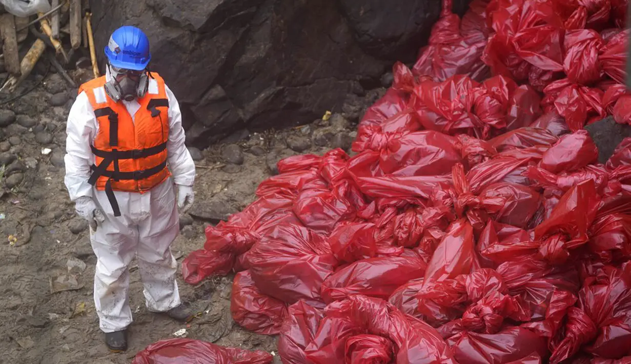 Seorang pekerja berdiri di samping kantong merah berisi limbah minyak saat kampanye pembersihan di Pantai Cavero, Distrik Ventanilla Callao, Peru, 15 Februari 2022. Sebulan berlalu, pekerja melanjutkan pembersihan di pantai setelah terkontaminasi tumpahan minyak Repsol. (AP Photo/Martin Mejia)