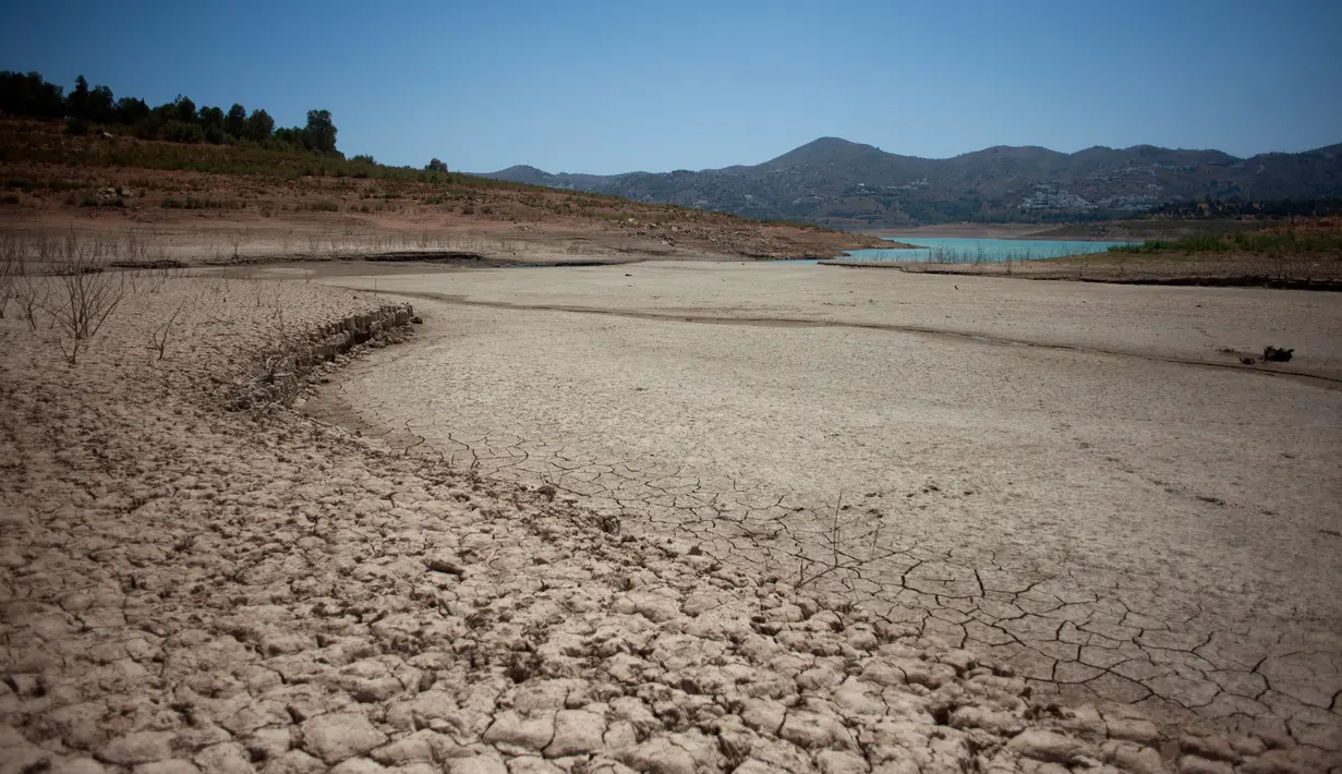 Pemandangan kekeringan di sekitar waduk Guadalteba saat gelombang panas melanda La Vinuela di Spanyol selatan, Rabu (9/8). Eropa tengah dilanda gelombang panas Lucifer yang suhunya mencapai di atas 40 derajat Celsius. (JORGE GUERRERO / AFP)