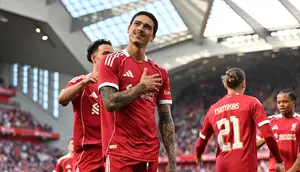 Selebrasi Darwin Nunez&nbsp;dalam laga pramusim Liverpool vs Athletic Bilbao, Senin (4/8/2025). (Liverpool FC Official)