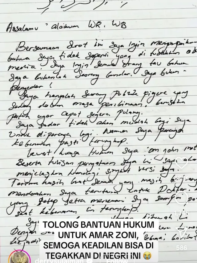 Unggahan Ustaz Derry Sulaiman tentang surat Ammar Zoni. (Instagram/ derrysulaiman)