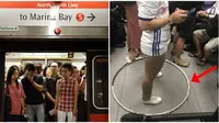 Wanita ini gunakan hula hoop agar tak berdesakan dengan orang di MRT. (Sumber: Sg.news, World of Buzz)