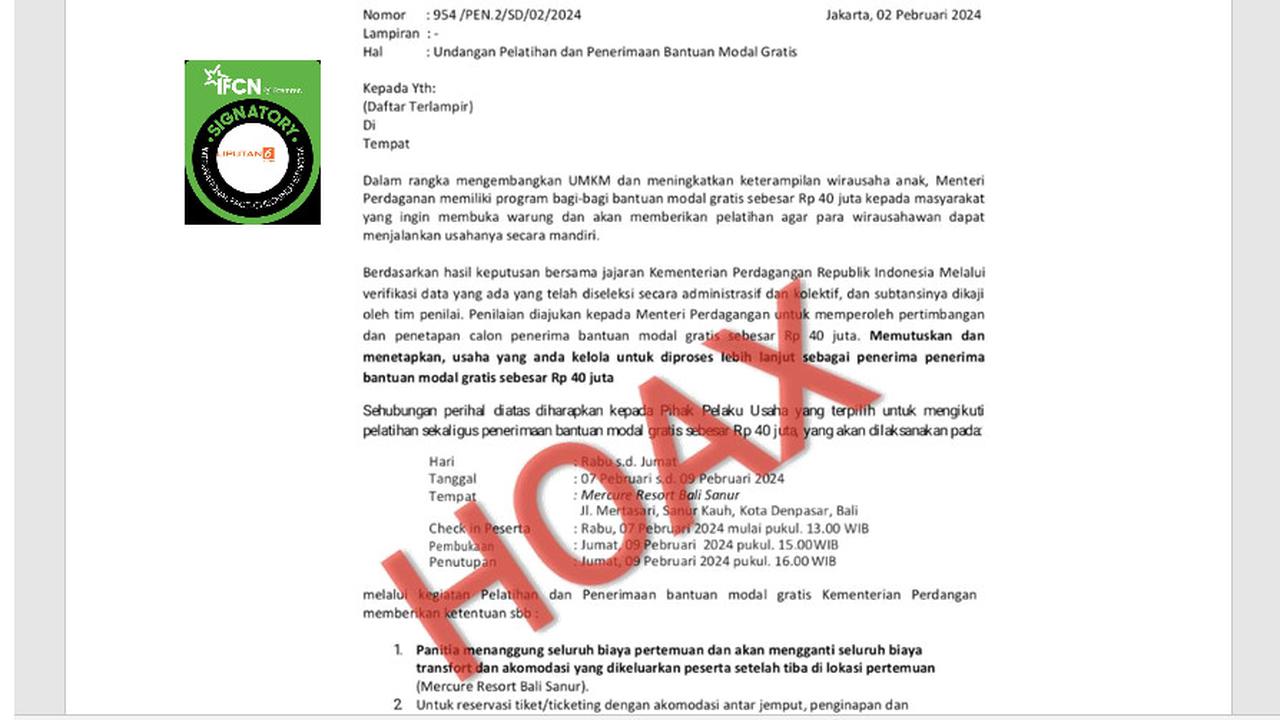 Tangkaoan layar klaim surat pemberian bantun modal Rp 40 juta dari Kementerian Perdagangan