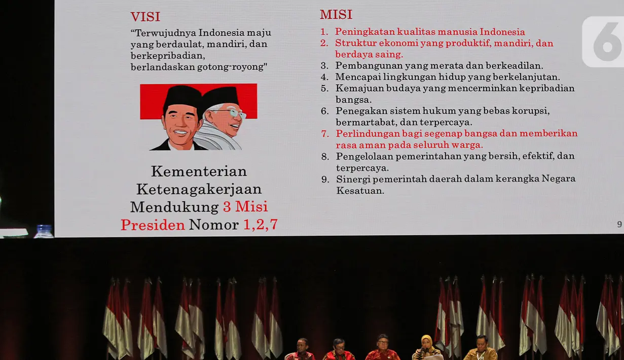 Menaker Ida Fauziyah (kedua kanan) menyampaikan paparan saat diskusi panel V Rakornas Indonesia Maju antara Pemerintah Pusat dan Forum Koordinasi Pimpinan Daerah (Forkopimda) di Bogor, Rabu (13/11/2019). Panel V membahas penyederhanaan regulasi dan reformasi birokrasi. (Liputan6.com/Herman Zakharia)