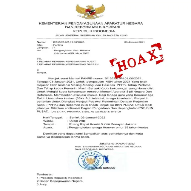 Surat yang mencatut nama Menteri PANRB Tjahjo Kumolo mencari guru honorer untuk mengisi kekosongan kuota dari tahap seleksi 2021. (Dok Kementerian PANRB)
