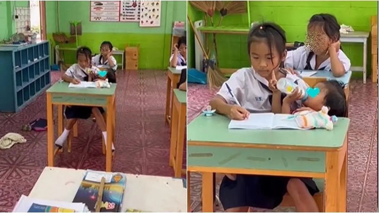 Tak Ada yang Menjaga di Rumah, Siswi 10 Tahun Ini Ikut Ujian Sambil Gendong Adik