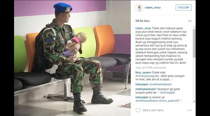 Netizen baper berjamaah lihat foto TNI gendong anaknya ini yang diunggah akun Instagram Ruben Onsu | Via: instagram.com/Ruben Onsu