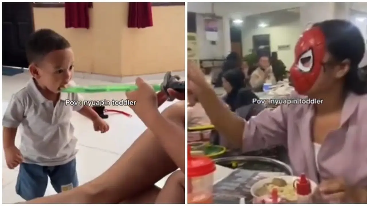 6 Momen Kocak Orang Tua ketika Suapi Anaknya Makan, Penuh Usaha