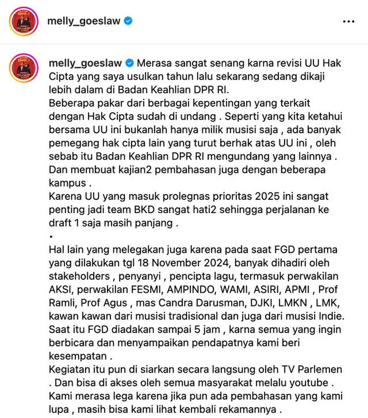 Melly Goeslaw Ungkap Revisi UU Hak Cipta Kini Dikaji Badan Keahlian DPR, Jalan ke Draft 1 Masih Panjang
