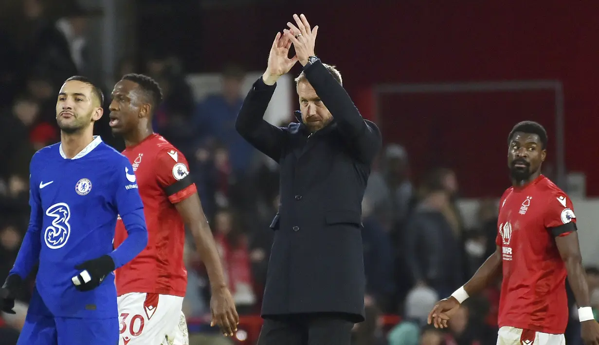 Hasil ini membuat Chelsea tertahan di posisi delapan klasemen sementara Premier League 2022/2023 dengan raihan 25 angka dari 16 laga. Sementara itu Forest masih berada di posisi 18 klasemen dengan raihan 14 angka dari 17 pertandingan. (AP Photo/Rui Vieira)