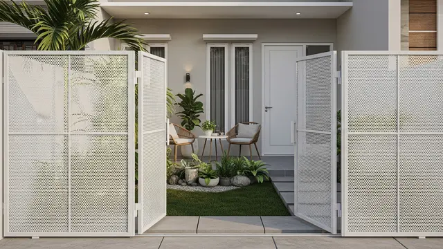 Model Pagar Rumah Kecil Warna Netral Biar Terlihat Lega Desain Berlubang atau Mesh Perforated