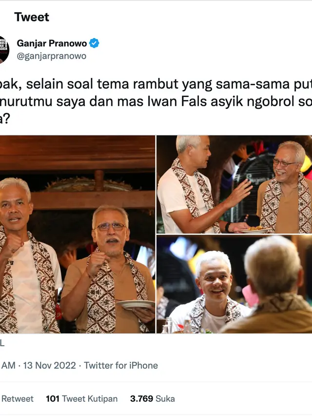 Cuitan Ganjar Pranowo soal Iwan Fals. (Foto: Dok. Twitter @ganjarpranowo)