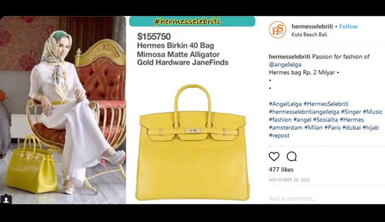 Selanjutnya ada wanita yang disebut-sebut istri dari Viki Prasetyo, Angel Lelga dengan koleksi tasnya yang mencapai hingga 2 Milyar rupiah. Luar biasa banget yah. (Instagram/hermesselebriti)