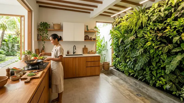Inspirasi Dapur Bergaya Tropical Minimalist yang Bikin Suasana Masak Terasa Segar Seperti di Resort Model Konsep Taman Vertikal di Dalam Ruang