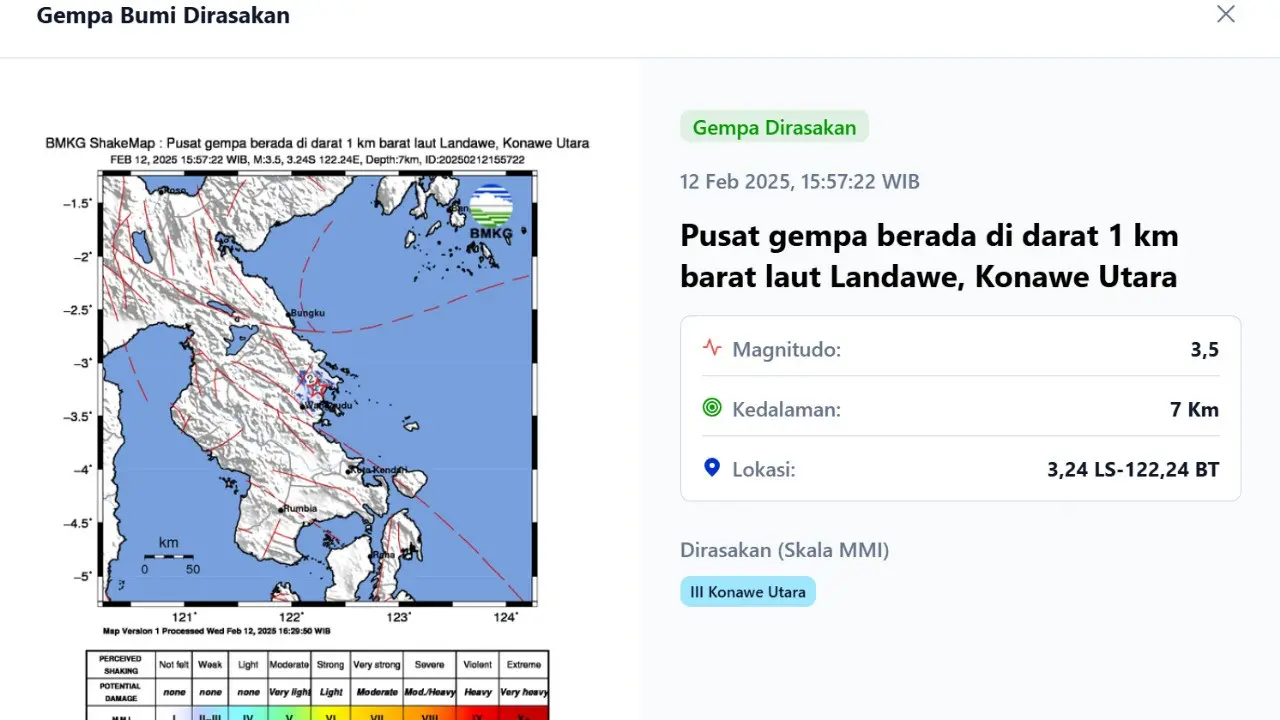Pada sore hari pukul 15:57:22 WIB, Rabu (12/2/2025), gempa hari ini menggetarkan wilayah Landawe, Kabupaten Konawe Utara, Provinsi Sulawesi Tenggara.