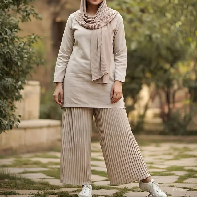 Knit Tunic dengan Kulot Plisket untuk Cewek Pendek Hijab