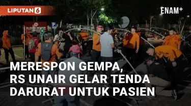 Merespon gempa Tuban yang terjadi pada Jumat (22/3/2024) sore, RS Unair gelar tenda. Tenda tersebut diperuntukkan bagi para pasien yang sedang dirawat