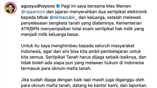 Unggahan AHY. (Foto: Dok. Instagram @agusyudhoyono)