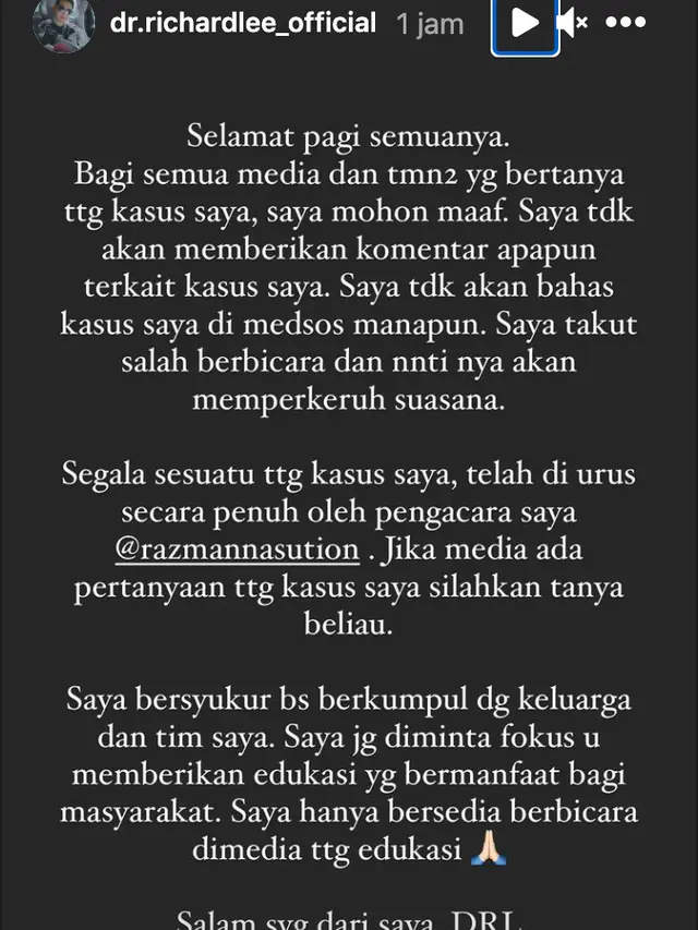 Unggahan dr. Richard Lee. (Foto: Instagram @dr.richardlee_official)