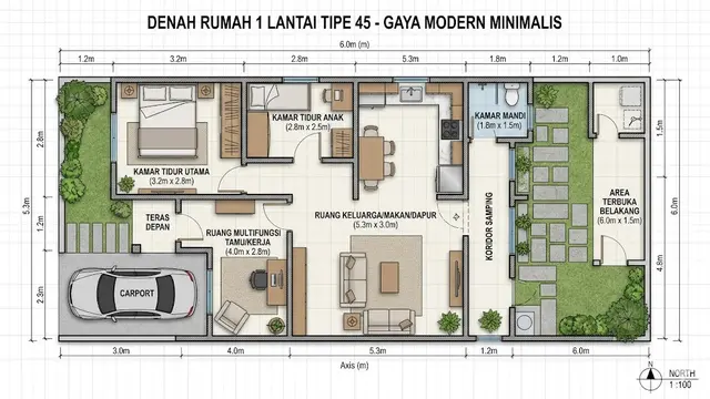 Denah Rumah 1 Lantai Tipe 45 dengan 2 Kamar dan Ruang Multifungsi