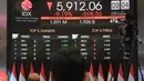 Orang-orang memantau Indeks Harga Saham Gabungan (IHSG) di Bursa Efek Indonesia saat pembukaan usai libur Lebaran, Jakarta pada tanggal 8 April 2025. (BAY ISMOYO/AFP)