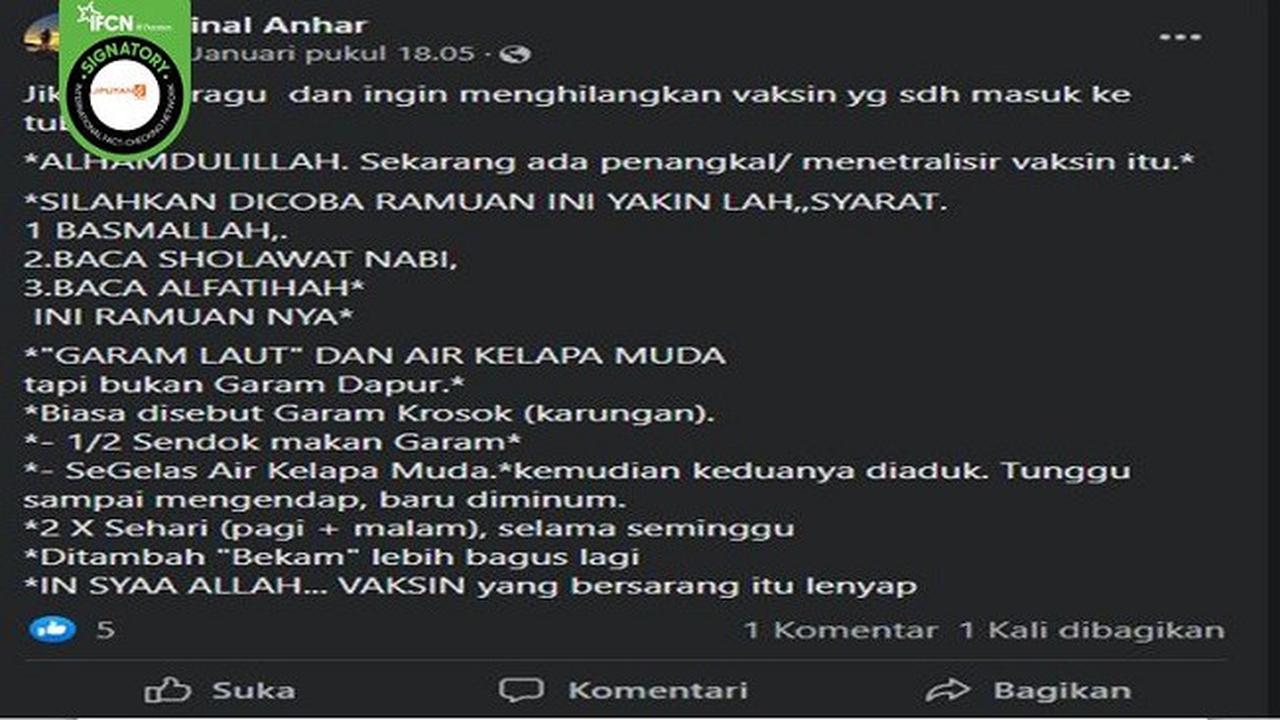 Gambar Tangkapan Layar Klaim Mengonsumsi Garam laut dan Air Kelapa Muda Dapat Menetralisir Vaksin COVID-19 (sumber: Facebook).