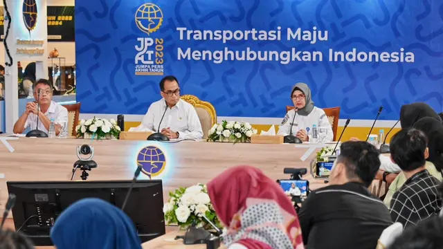 Menteri Perhubungan Budi Karya Sumadi dalam kegiatan Jumpa Pers Akhir Tahun (JPAT) 2023, di Kantor Kemenhub, Jakarta, Rabu (20/12/2023). (Dok Kemenhub)