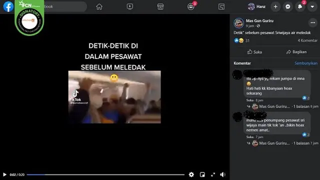 Gambar Tangkapan Layar Video yang Diklaim Rekaman Detik-Detik Pesawat Sriwijaya Air Meledak (sumber: Facebook)