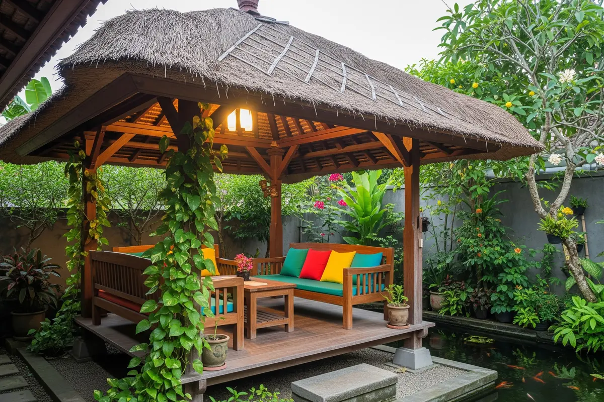 Inspirasi Desain Halaman Belakang Rumah dengan Gazebo Kayu Sederhana