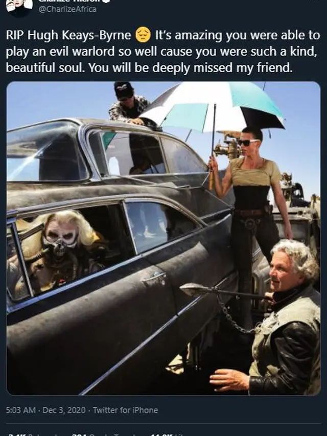 Unggahan Charlize Theron tentang  Hugh Keays-Byrne. (Twitter/ CharlizeAfrica)