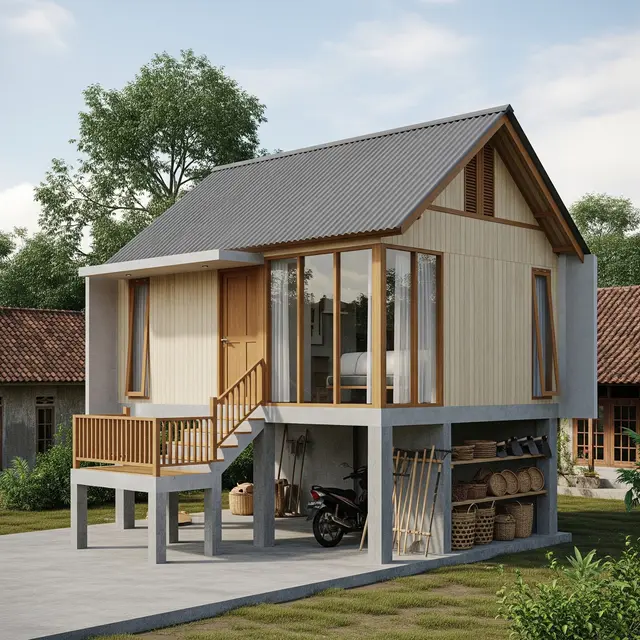 Rumah di desa 5x6 meter Desain Rumah Panggung Kekinian (Gemini AI)