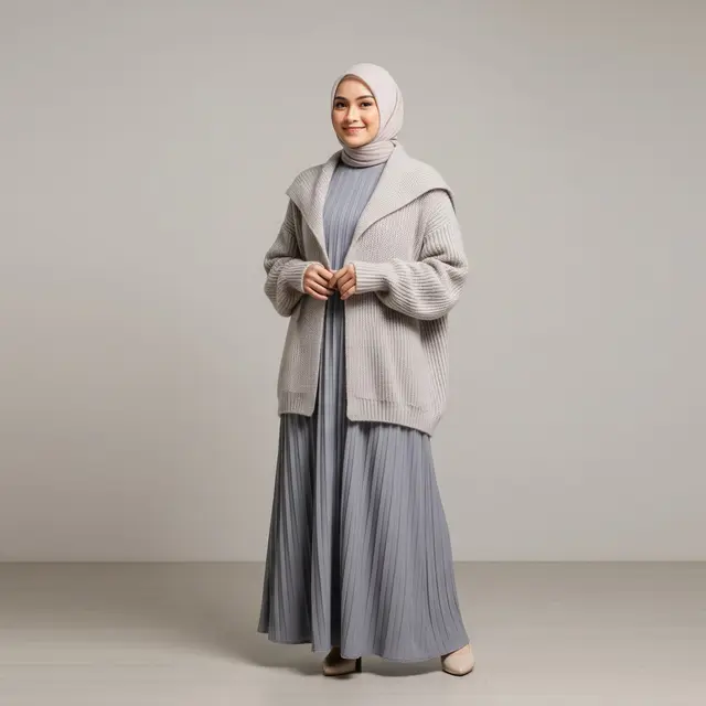 Gamis Lipit Vertikal dengan Cardigan Oversized